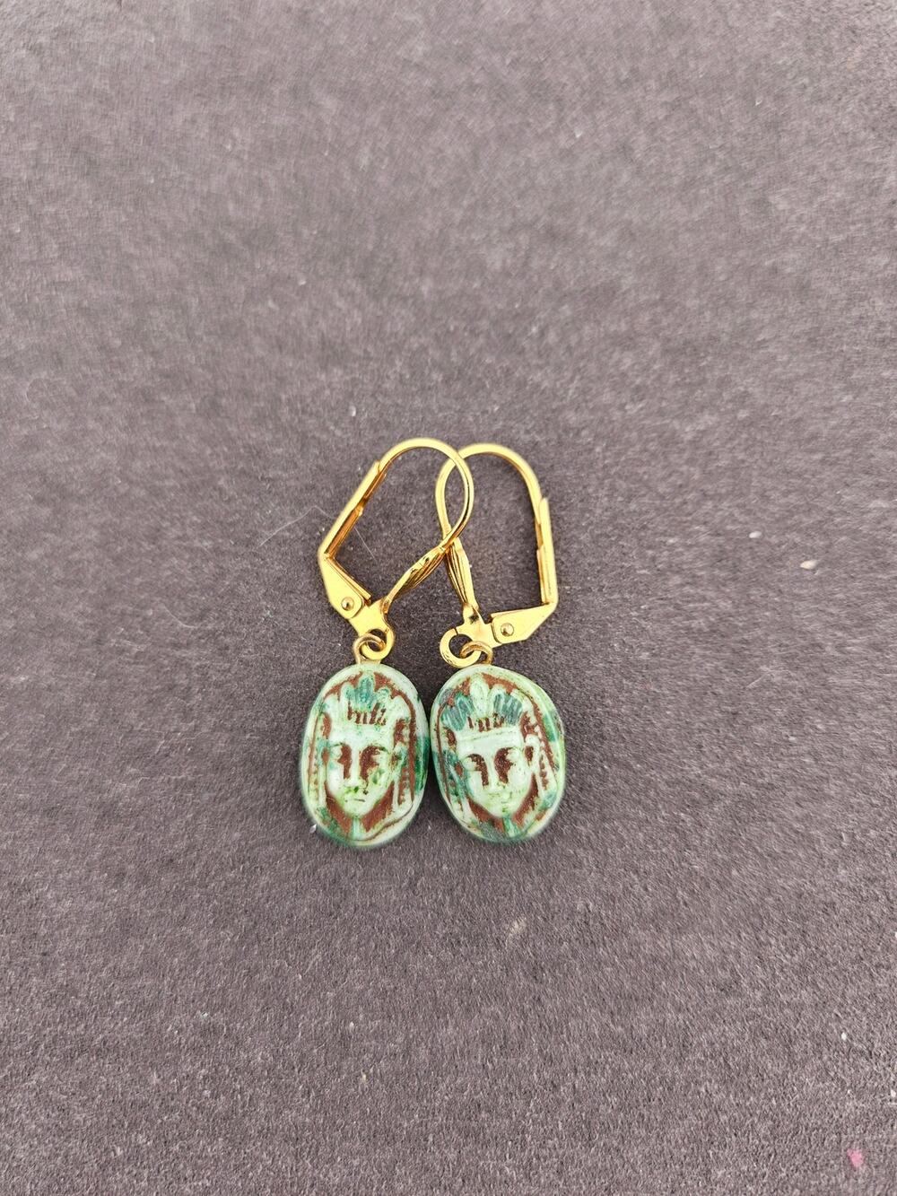 Egyptian Motif Cabochon Drop Earrings Earthy Green Blue Gold Tone Dangle Drop